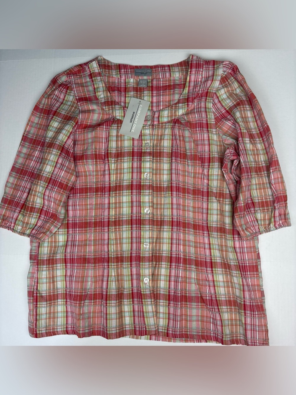 Company One Women 2X Shirt Plaid Pink White Peasant Button Up Cotton Half Sleeve
